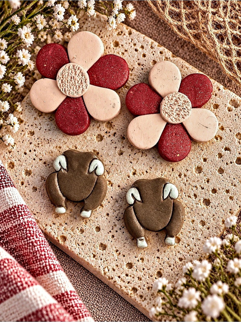 Brown & Pink Floral Mouse Earrings